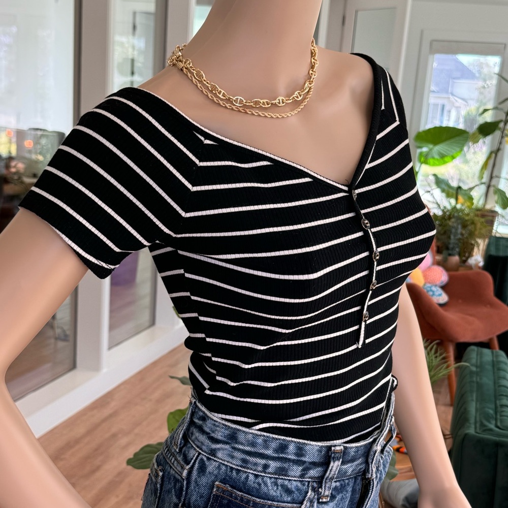 Blk & wht striped bodysuit M